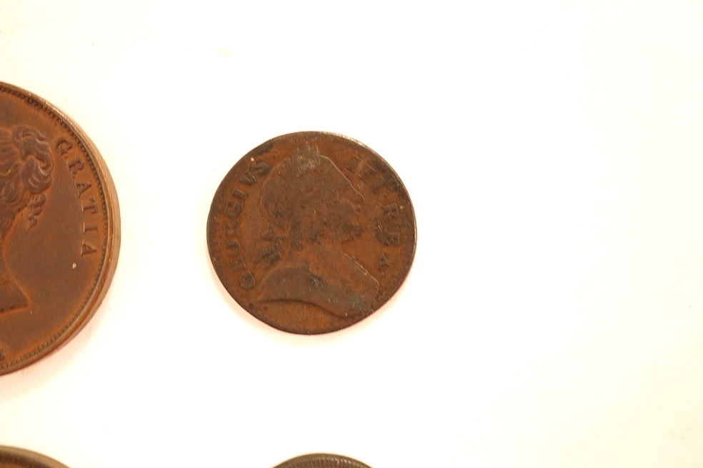 British copper coins;, Victoria, two pennies, 1858, good VF, dark toned, 1854, VF, dark toned, George III, halfpenny, 1773 and Isaac Newton farthing token, 1794